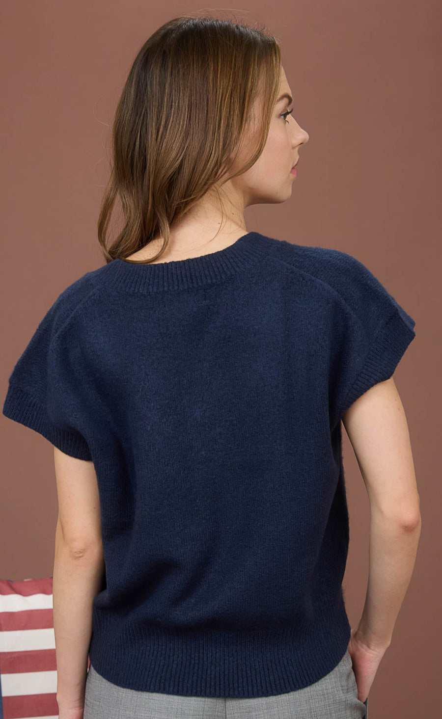 Harvest Moon | V Neck Short Sleeve Knit Pullover Sweater | Navy