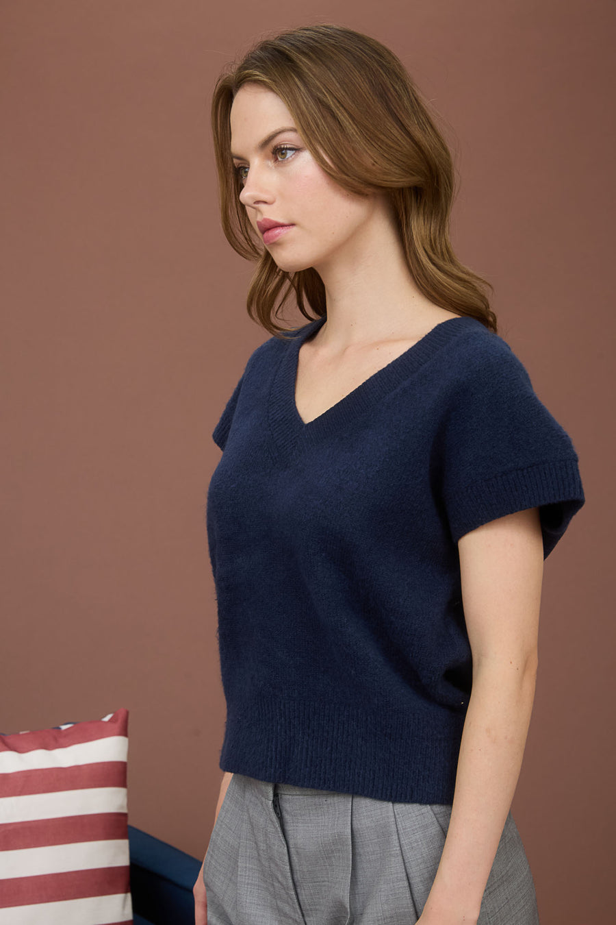 Harvest Moon | V Neck Short Sleeve Knit Pullover Sweater | Navy