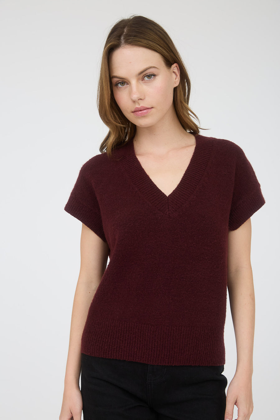 Harvest Moon | V Neck Short Sleeve Knit Pullover Sweater | Red Wood
