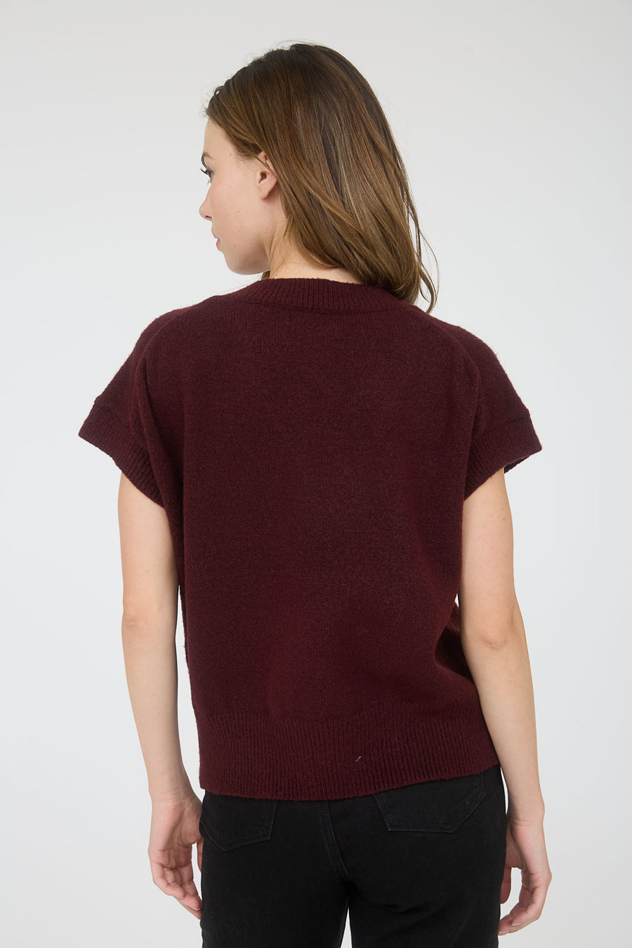 Harvest Moon | V Neck Short Sleeve Knit Pullover Sweater | Red Wood
