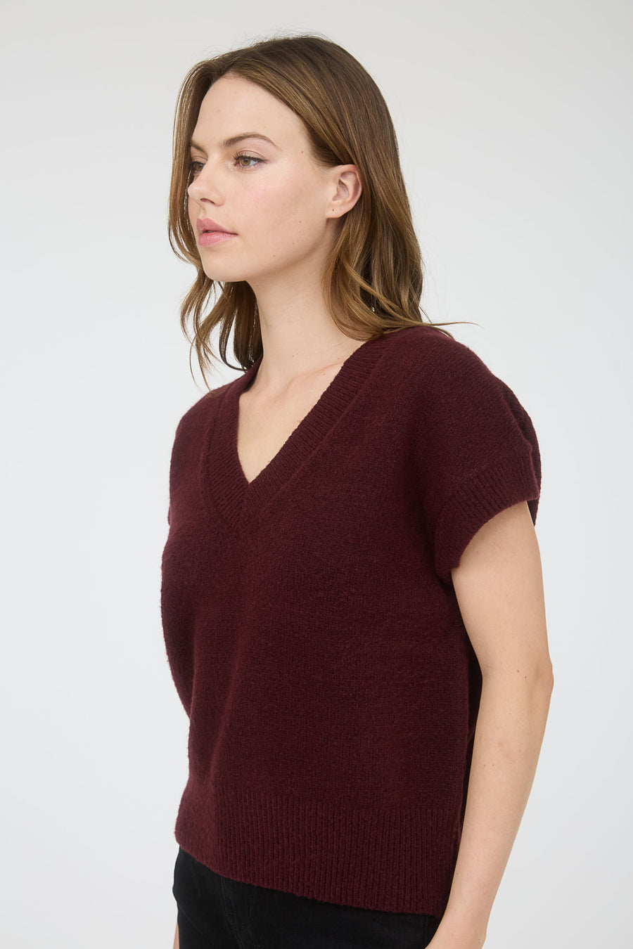 Harvest Moon | V Neck Short Sleeve Knit Pullover Sweater | Red Wood