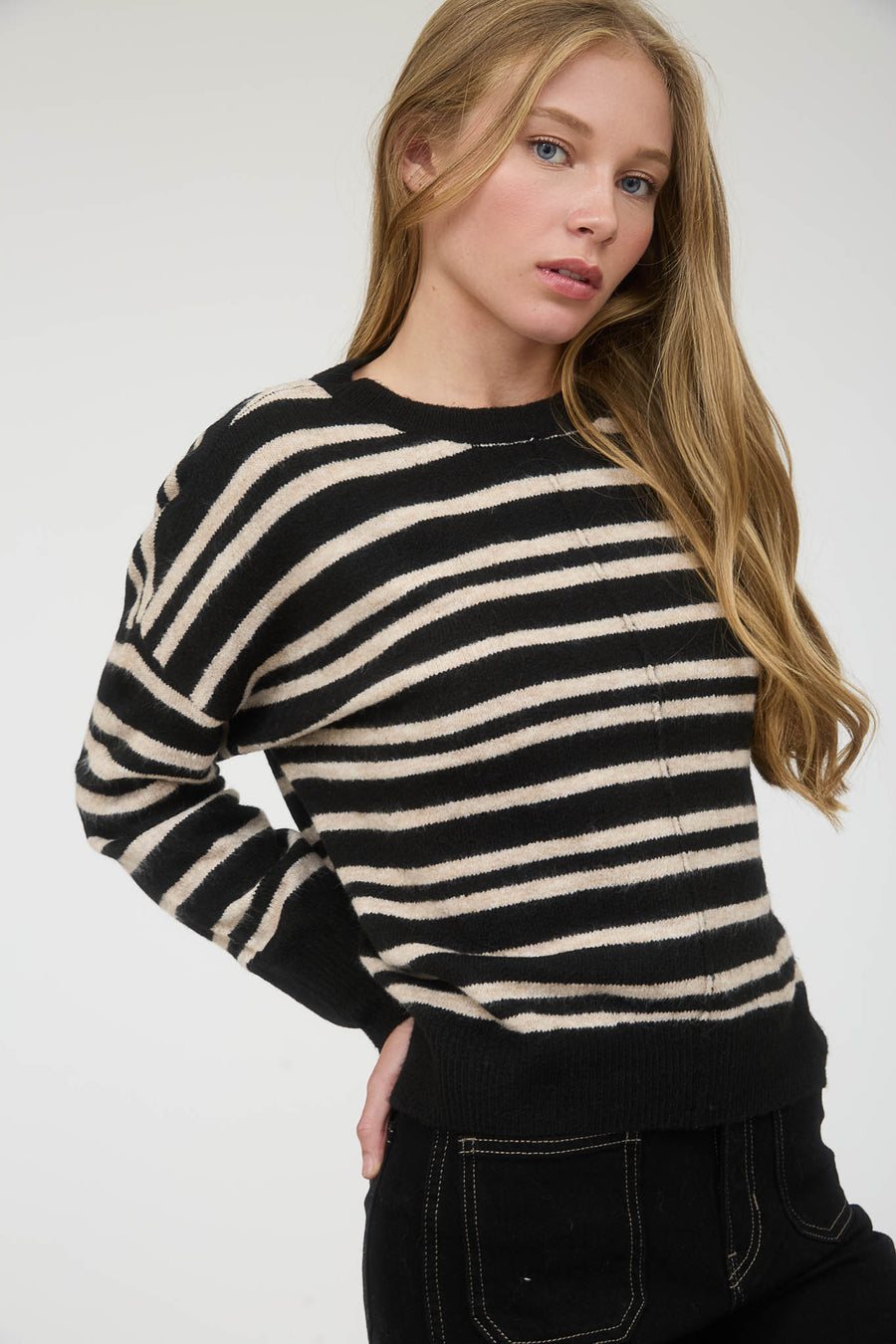 Crisp Morning | Stripe Front Seam Long Sleeve Sweater | Black