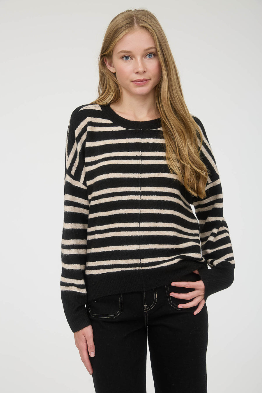 Crisp Morning | Stripe Front Seam Long Sleeve Sweater | Black