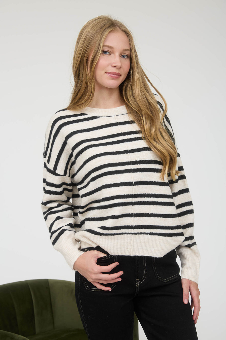 Crisp Morning | Stripe Front Seam Long Sleeve Sweater | Cream