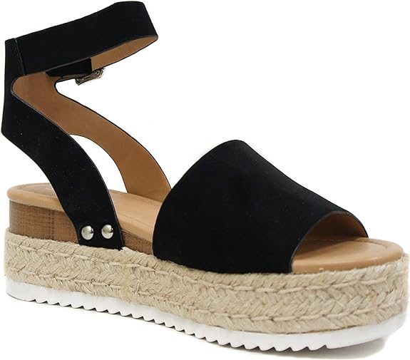 Topic | Open Toe Ankle Strap Flatform Espadrille Sandals | Black *FINAL SALE*