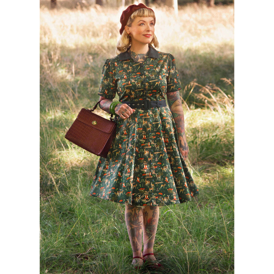 Penelope | Rockabilly Shirt Dress | Green Woodland