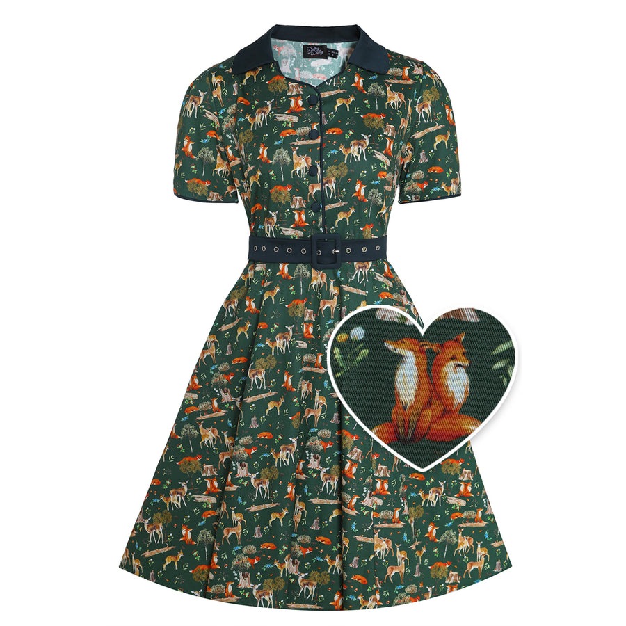 Penelope | Rockabilly Shirt Dress | Green Woodland