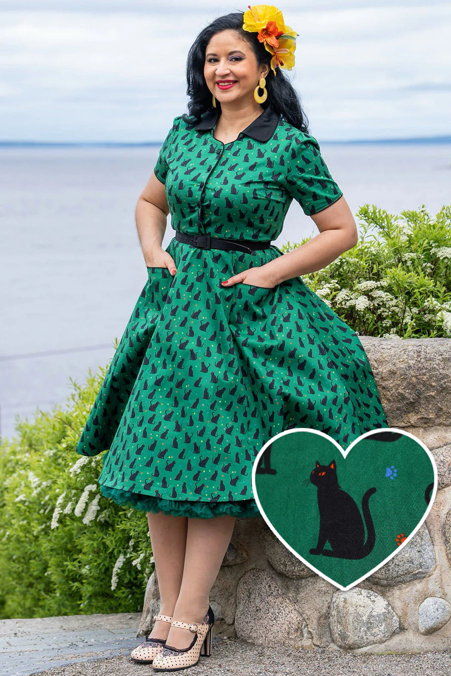 Penelope II | Rockabilly Shirt Dress | Green Black Cat Print