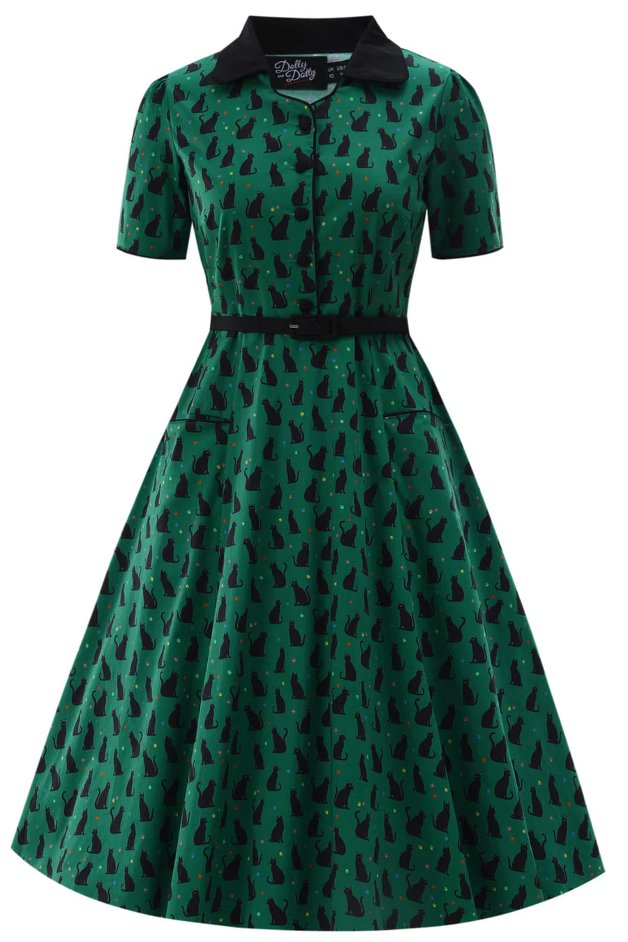 Penelope II | Rockabilly Shirt Dress | Green Black Cat Print