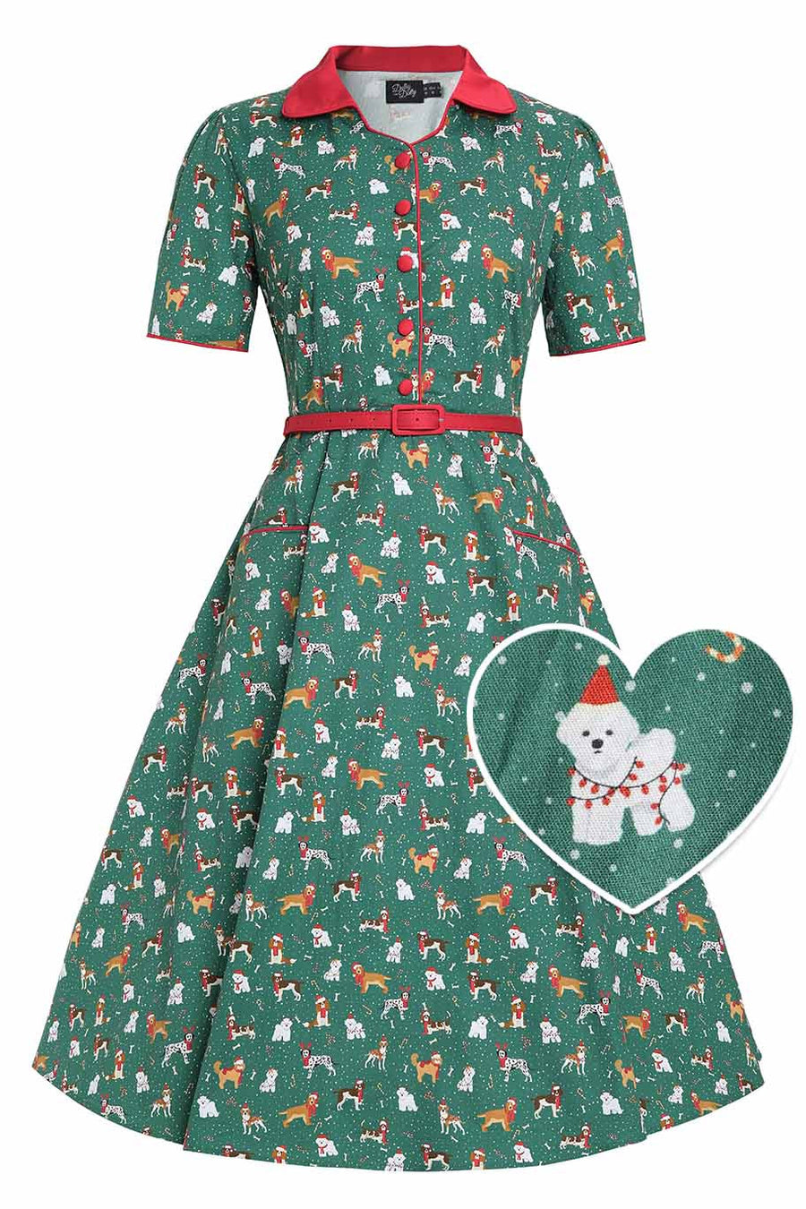 Green dress with dog pattern and red collar, inset with a white bear wearing a Santa hat.