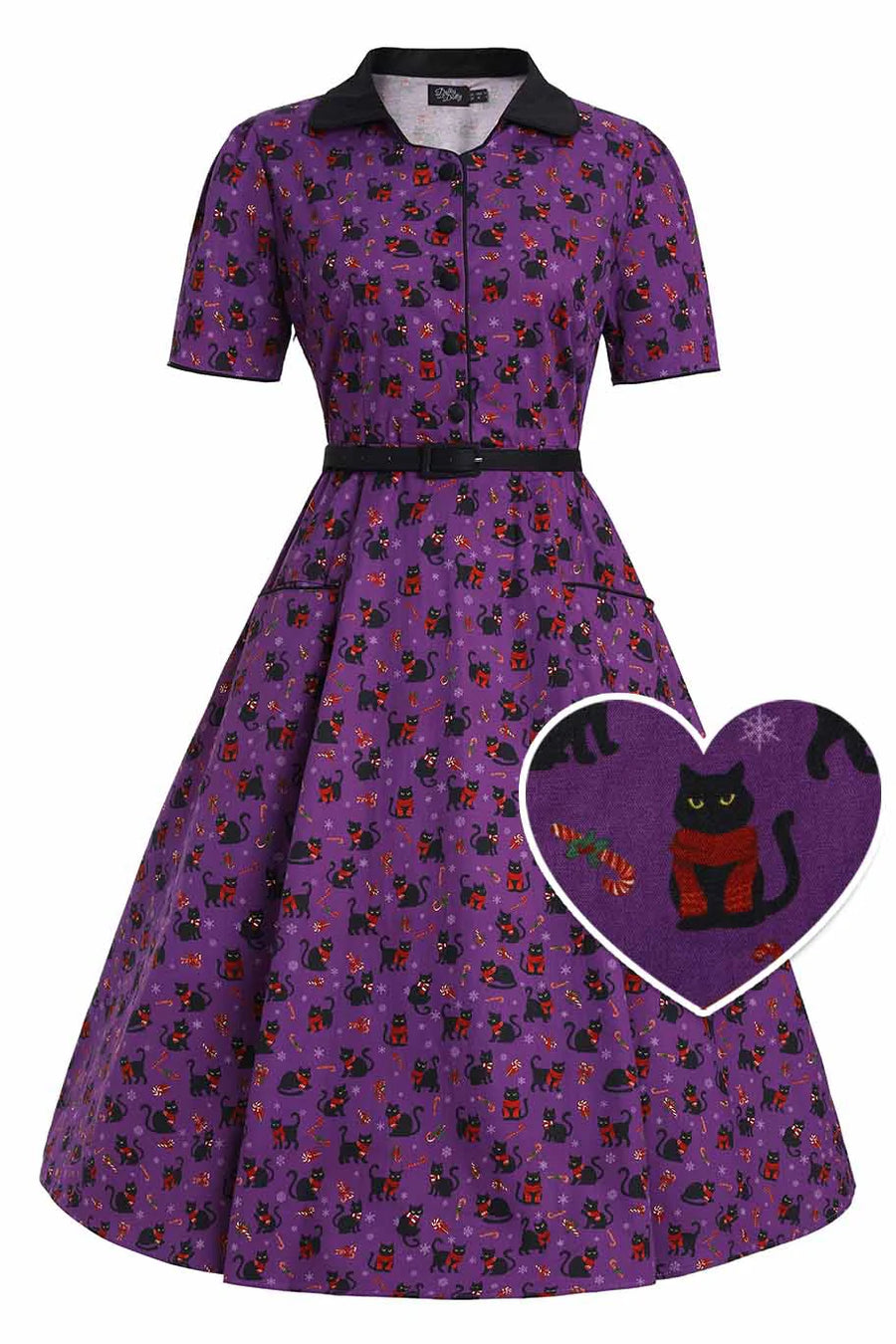 Mabel | Festive Shirt Dress | Purple Cat Print