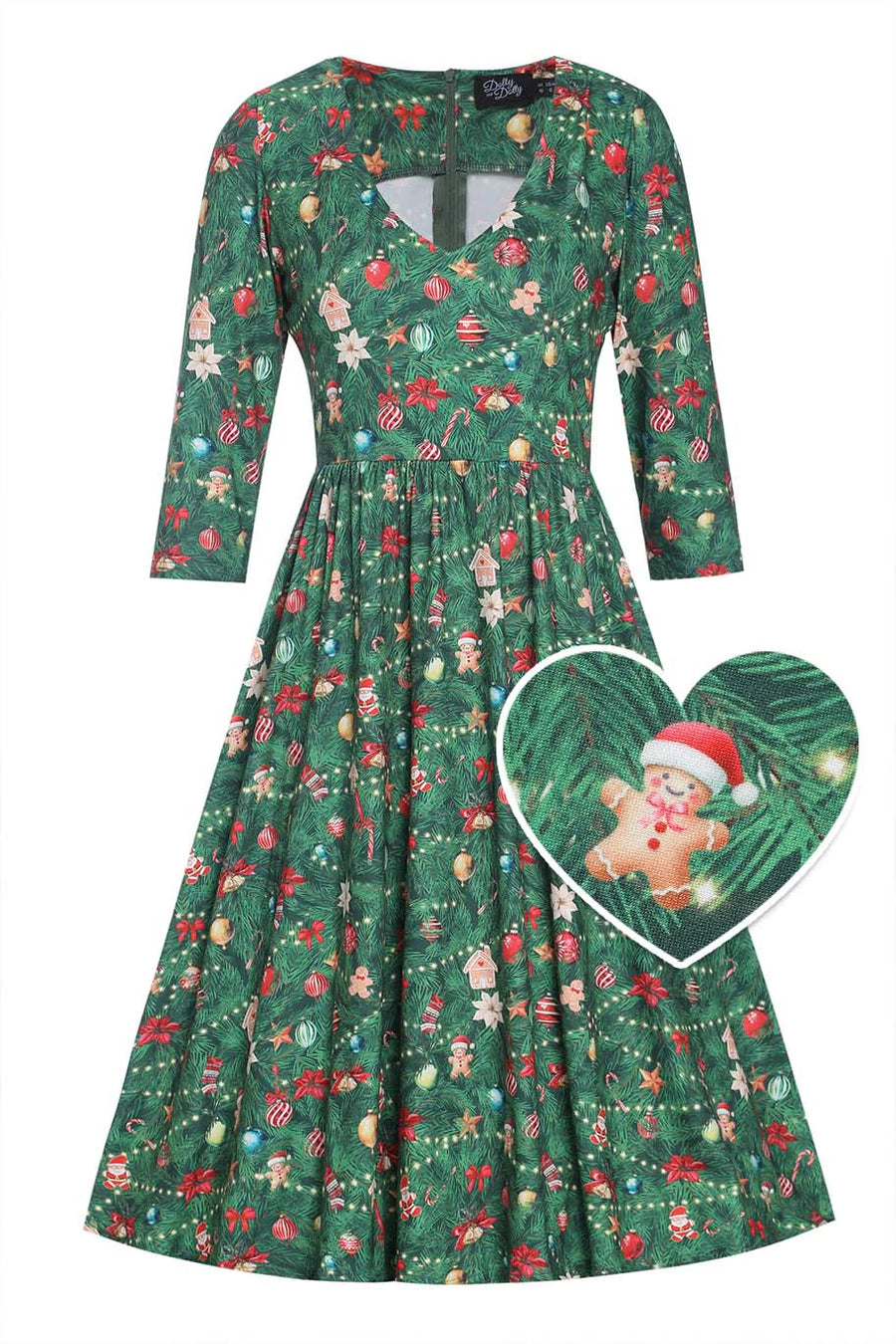 Billie | Long Sleeved Dress | Dark Green Xmas Tree Print