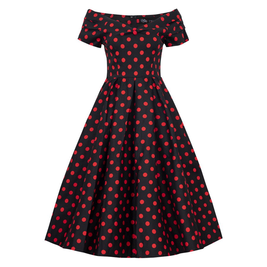 Lily | Retro Off Shoulder Swing Dress | Red Polka