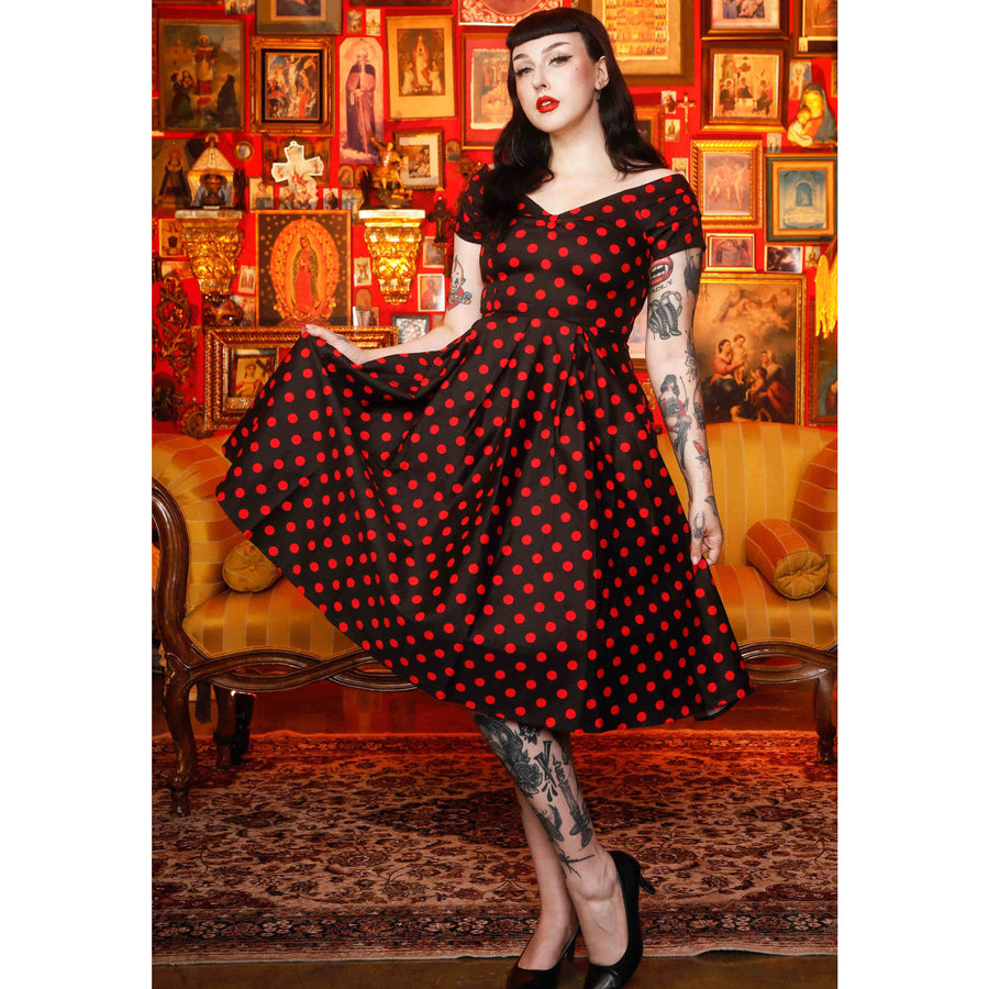 Lily | Retro Off Shoulder Swing Dress | Red Polka