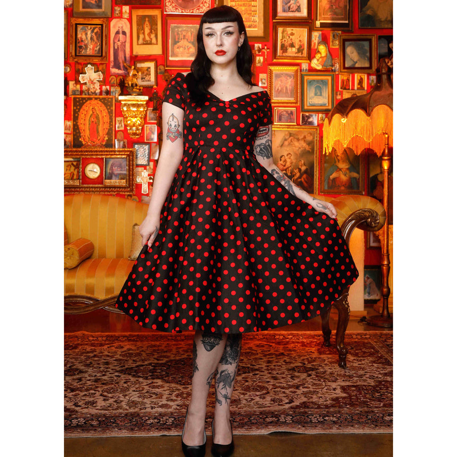 Lily | Retro Off Shoulder Swing Dress | Red Polka