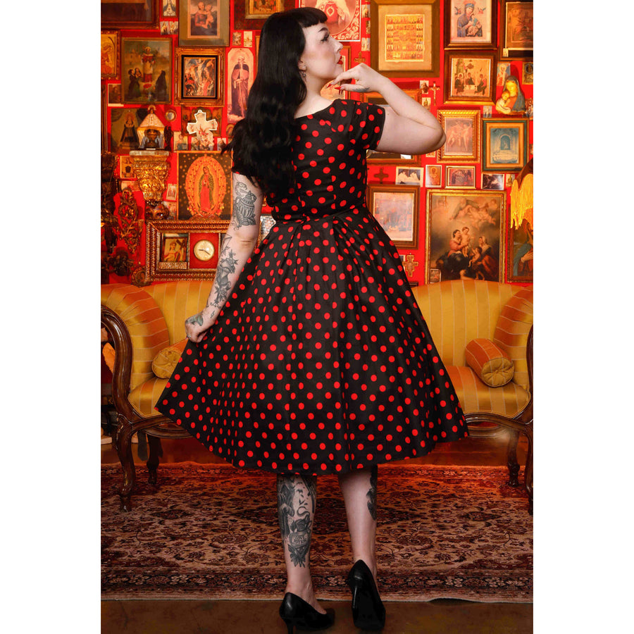 Lily | Retro Off Shoulder Swing Dress | Red Polka