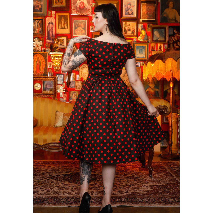 Lily | Retro Off Shoulder Swing Dress | Red Polka