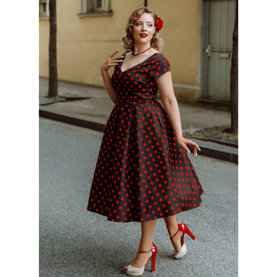 Lily | Retro Off Shoulder Swing Dress | Red Polka