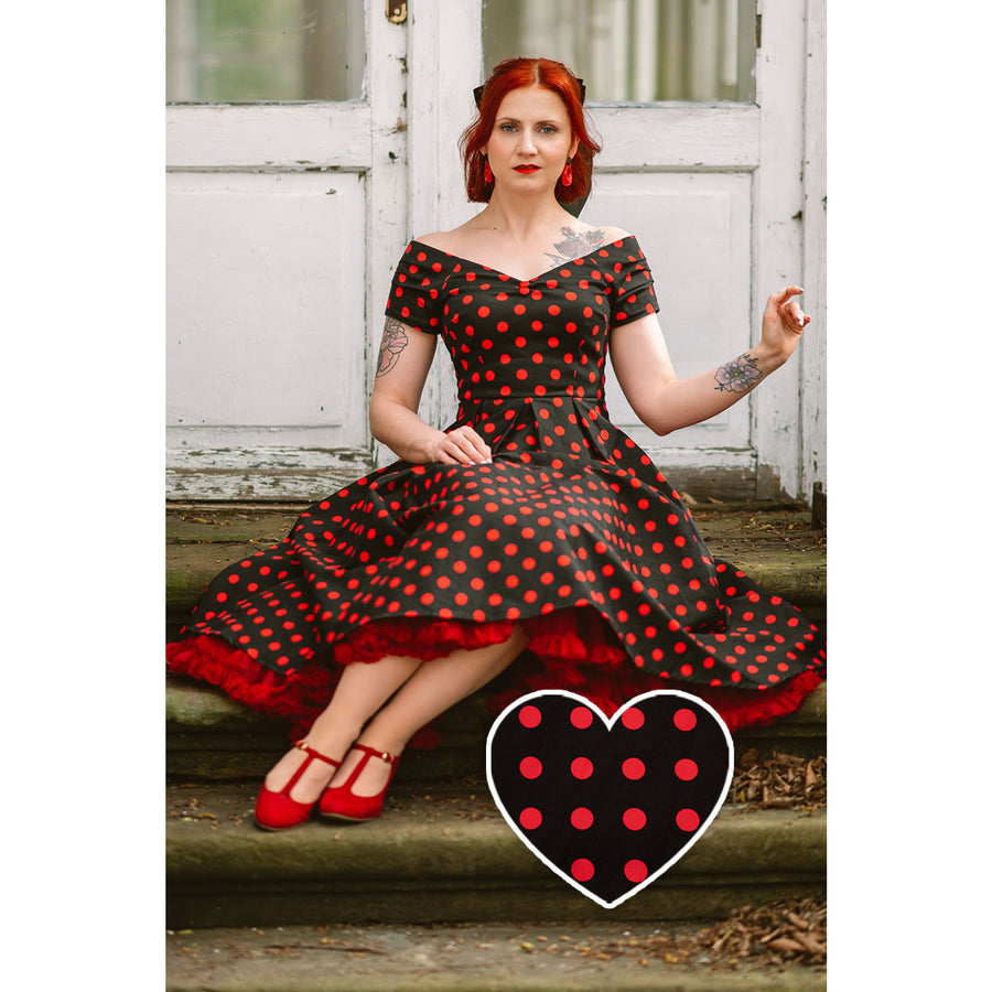 Lily | Retro Off Shoulder Swing Dress | Red Polka