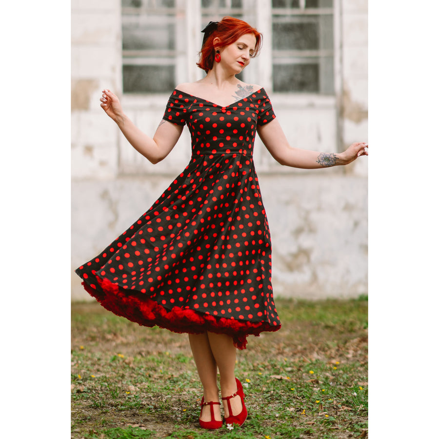 Lily | Retro Off Shoulder Swing Dress | Red Polka