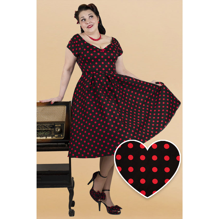 Lily | Retro Off Shoulder Swing Dress | Red Polka