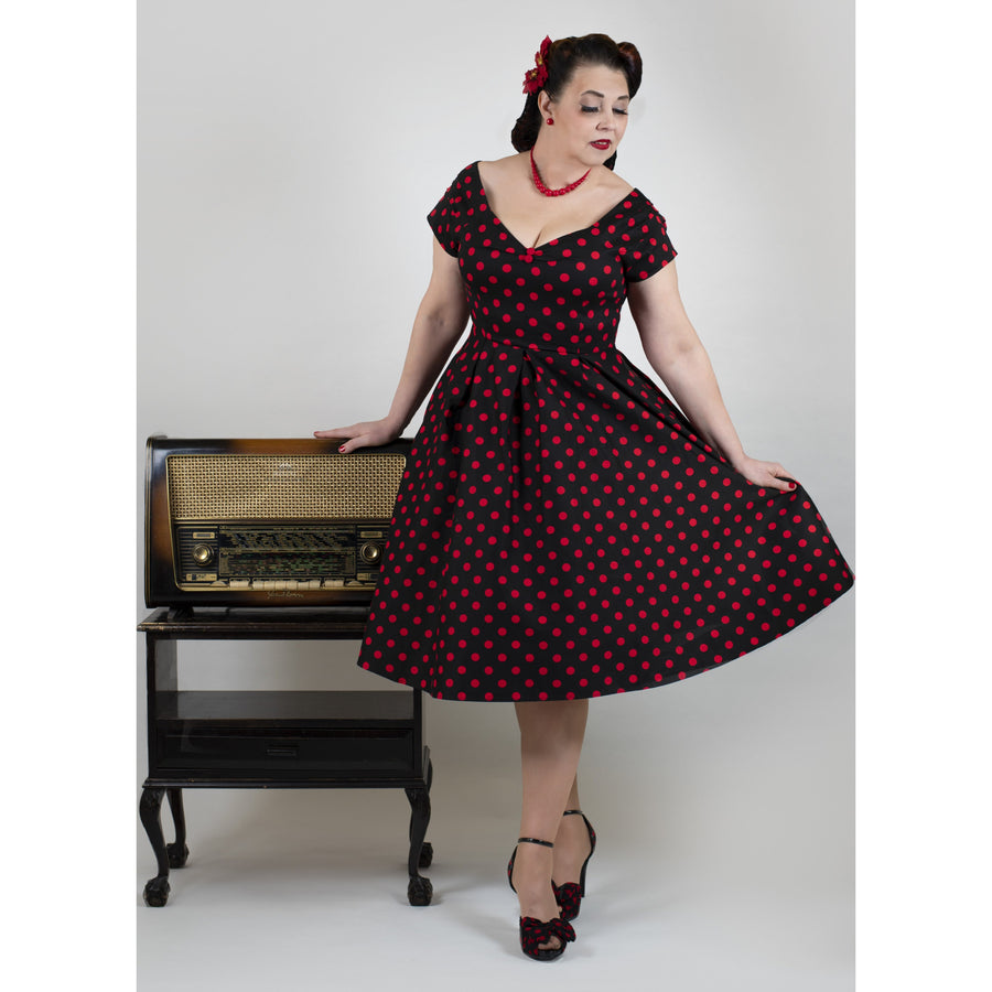 Lily | Retro Off Shoulder Swing Dress | Red Polka