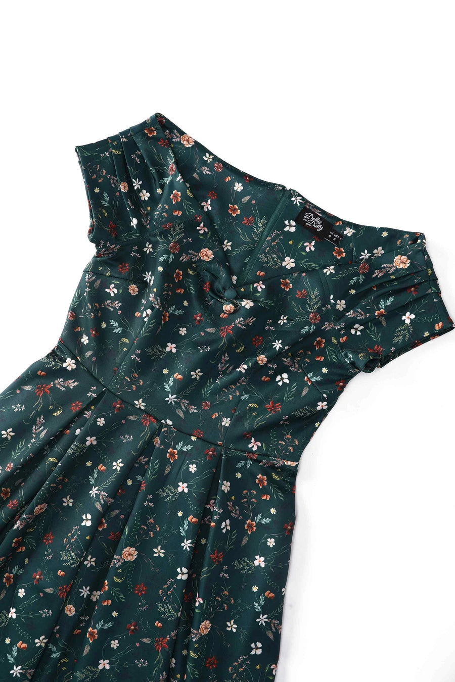 Lily | Retro Off Shoulder Swing Dress | Emerald Green Floral Vine Print