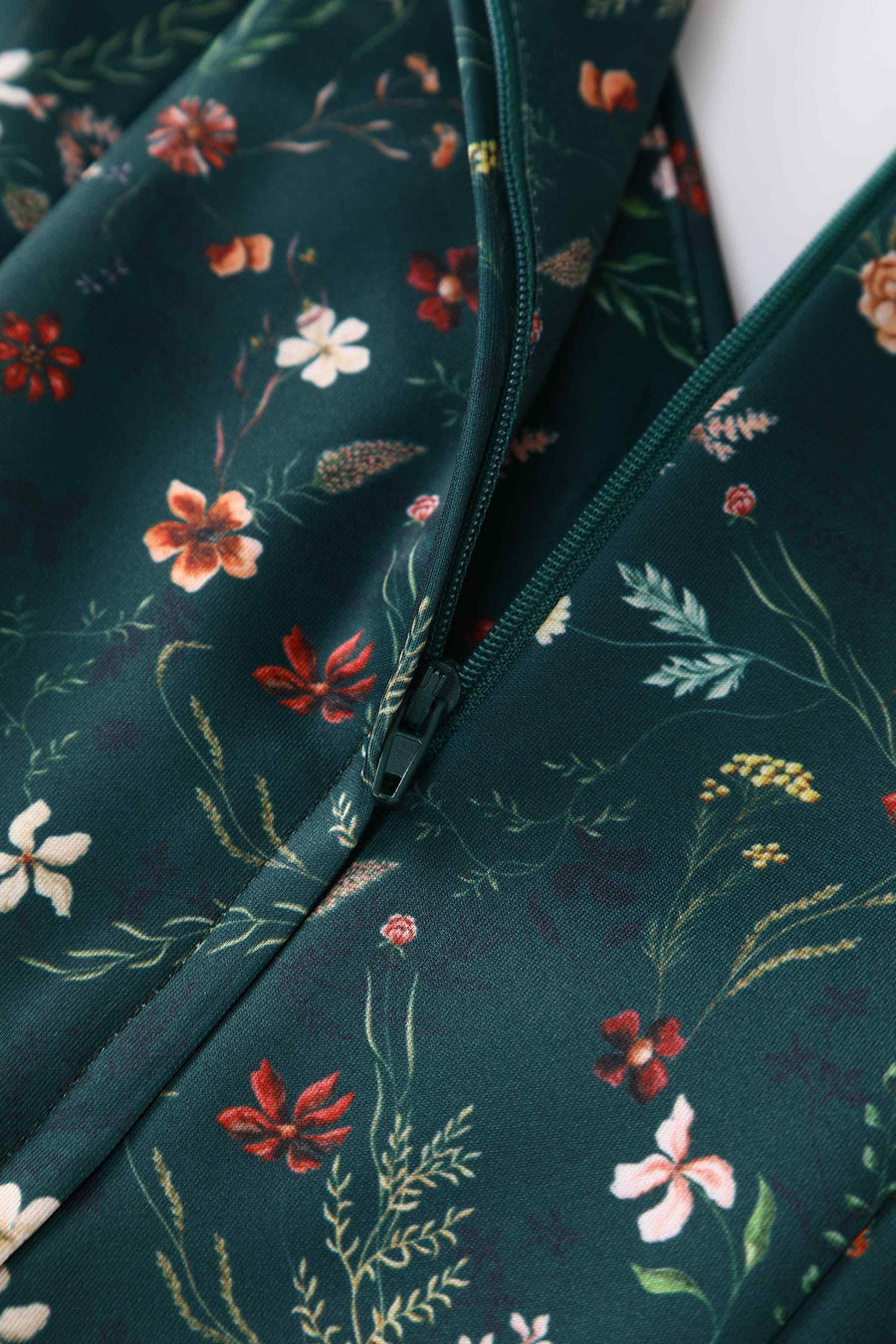 Lily | Retro Off Shoulder Swing Dress | Emerald Green Floral Vine Print