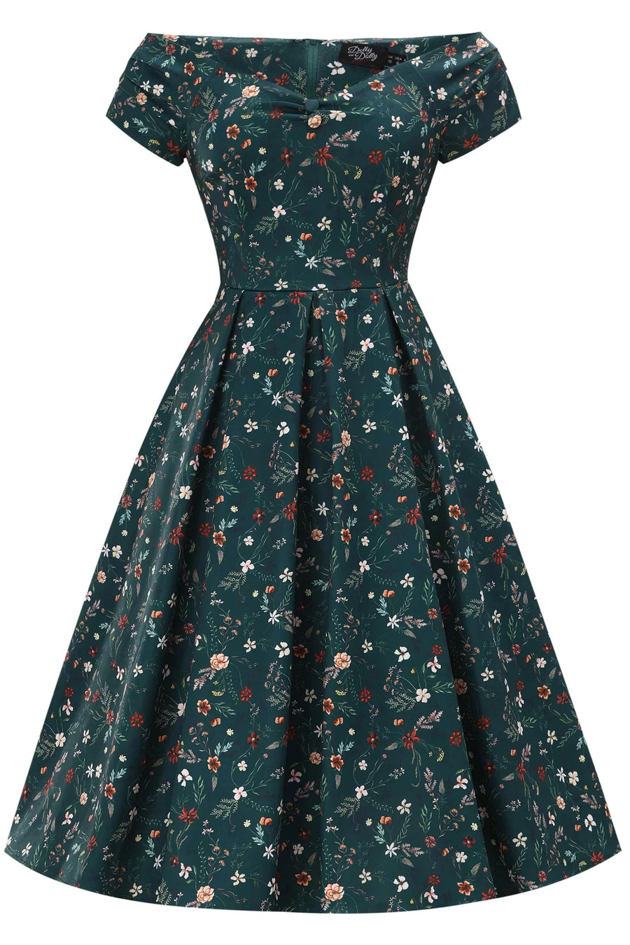 Lily | Retro Off Shoulder Swing Dress | Emerald Green Floral Vine Print