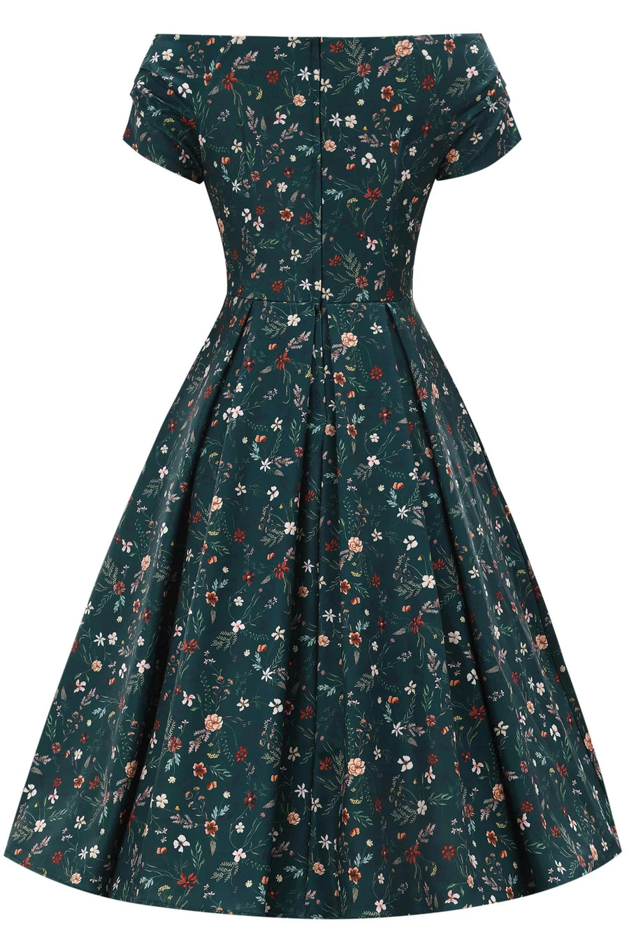 Lily | Retro Off Shoulder Swing Dress | Emerald Green Floral Vine Print