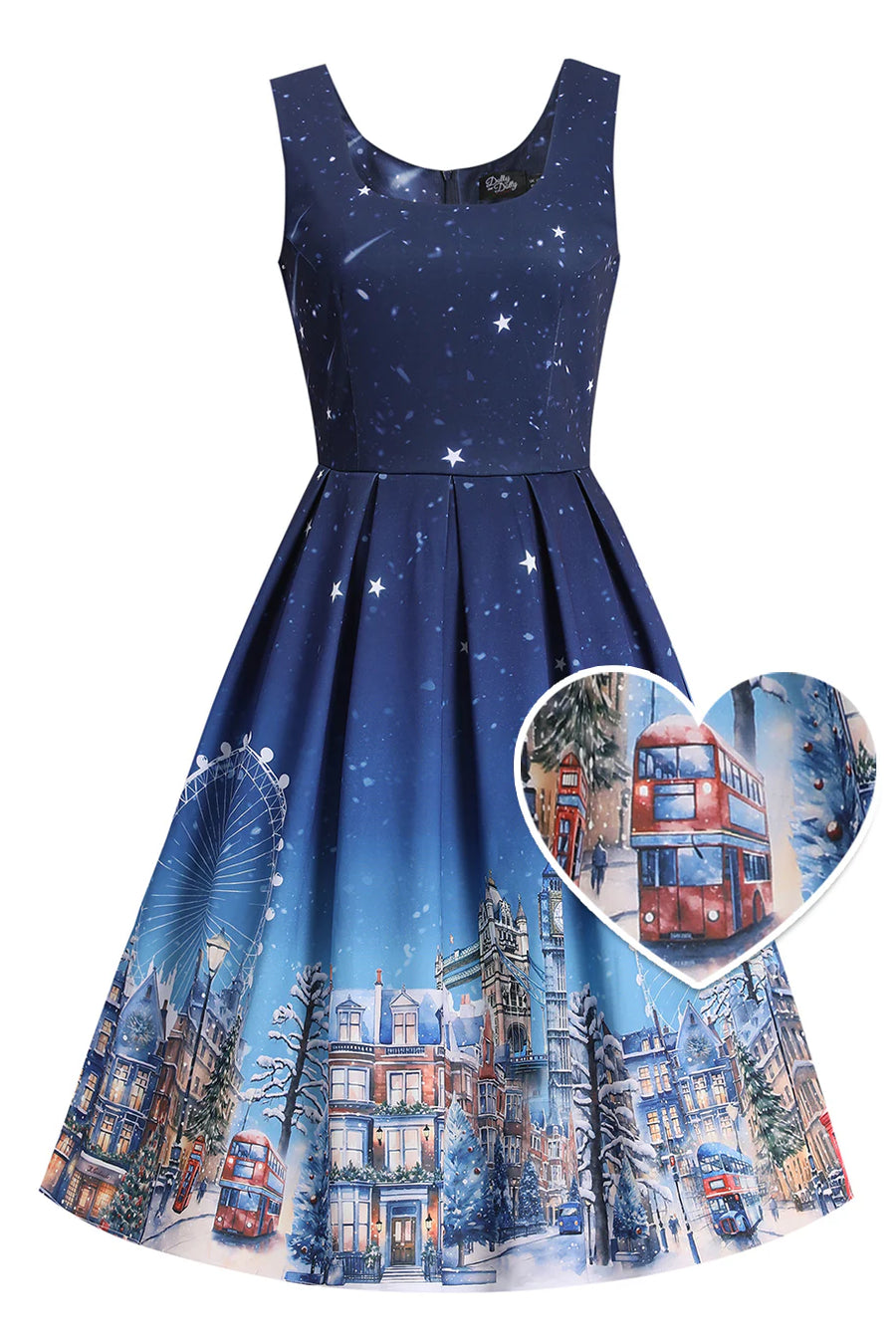 Navy blue dress with cityscape and double-decker bus print on a white background