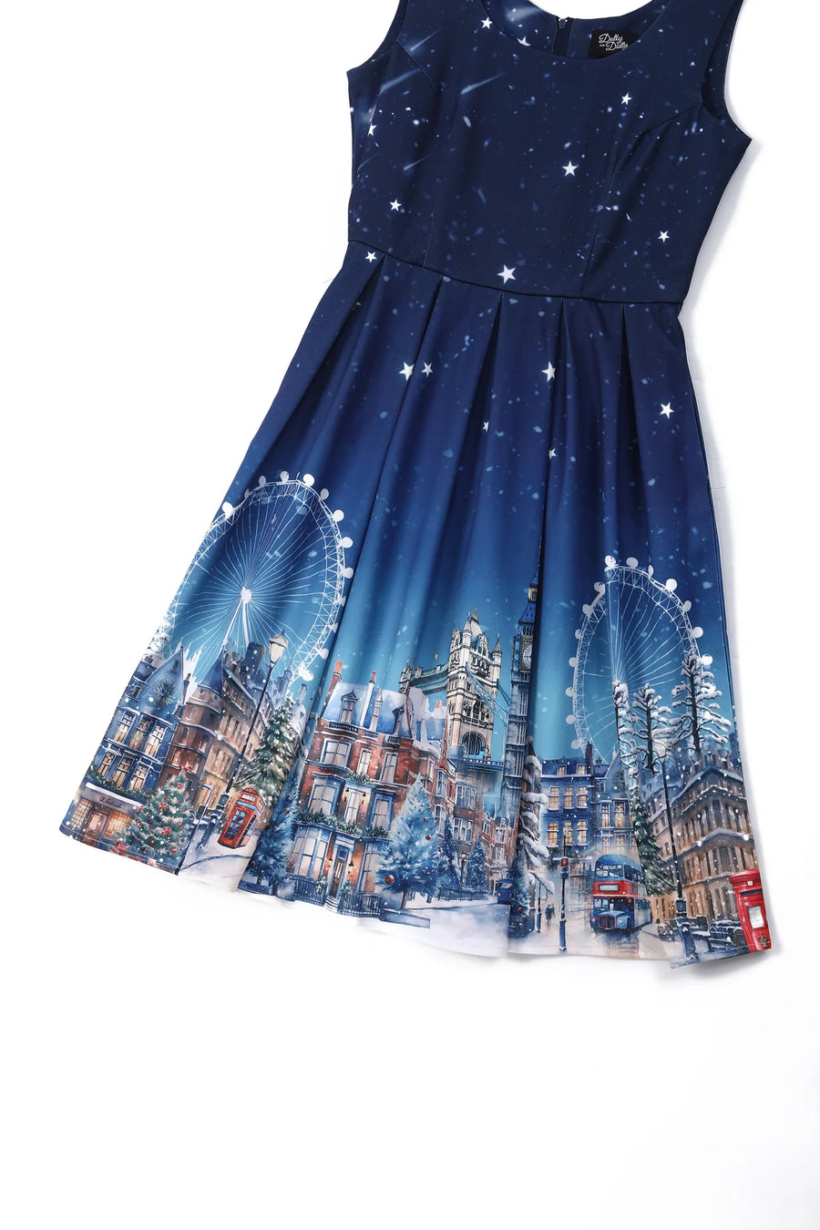 Amanda | Winter Starry Night Sleeveless Dress | Blue London Skyline Print