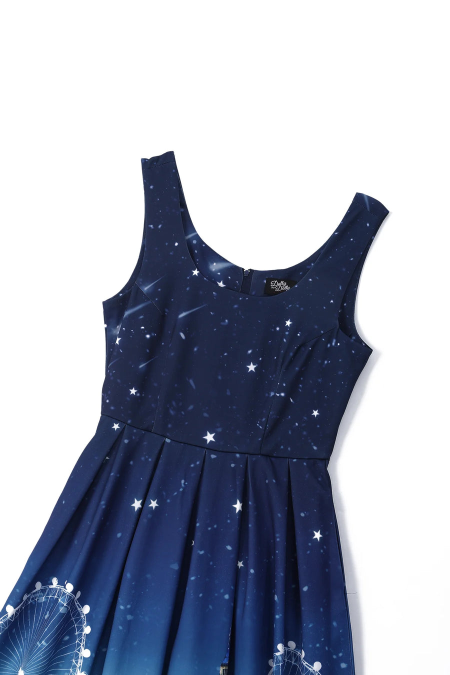 Amanda | Winter Starry Night Sleeveless Dress | Blue London Skyline Print