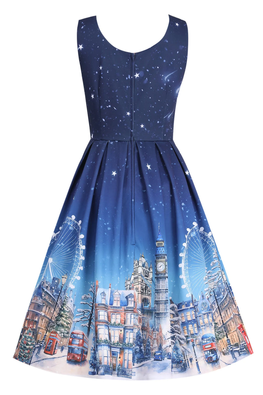 Amanda | Winter Starry Night Sleeveless Dress | Blue London Skyline Print