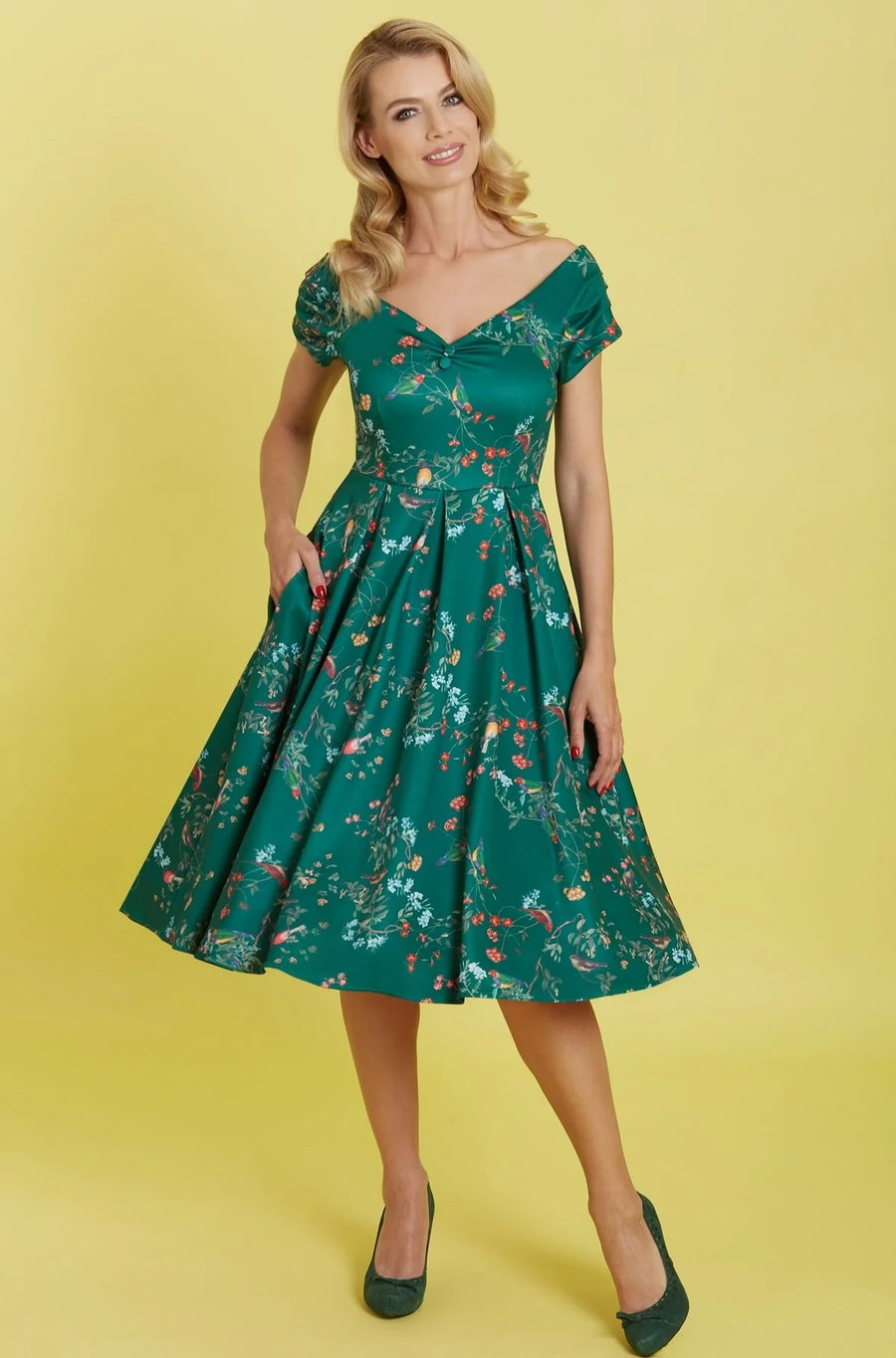 Lily | Retro Off Shoulder Swing Dress | Green Bird Forest