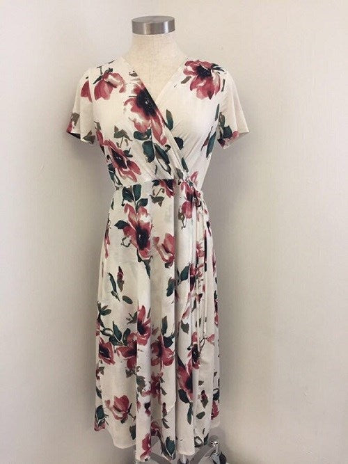 Summer Bliss | Floral Wrap Dress - Ivory/Red