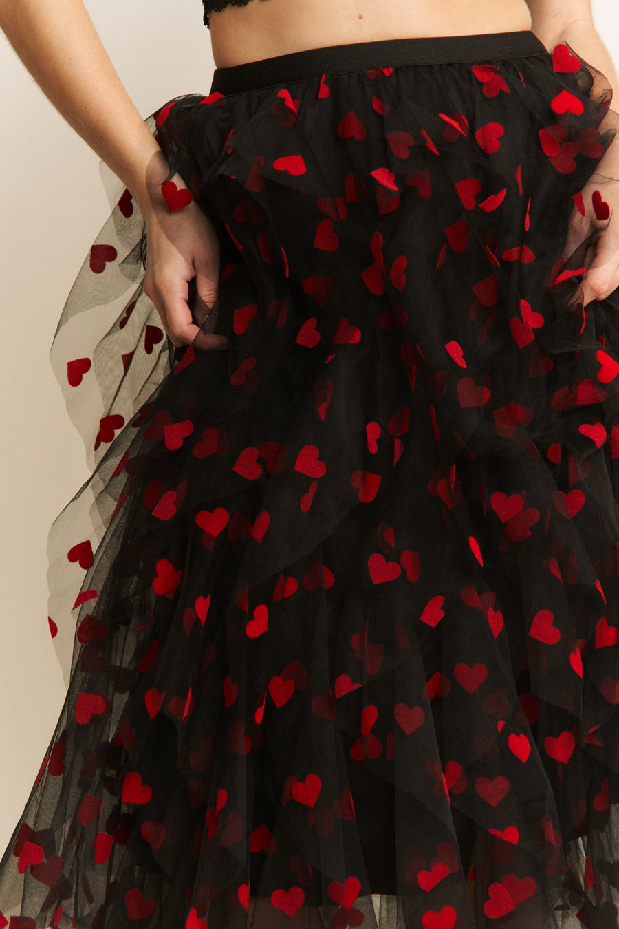 Queen of Hearts | Heart Velvet Flocking Mesh Layered Midi Skirt | Black