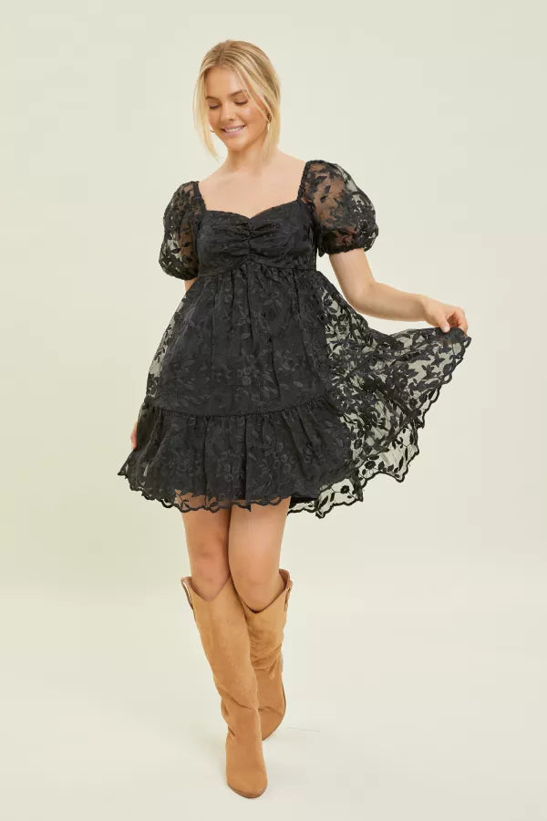 Jenna Embroidered Lace Babydoll Mini Dress | Black
