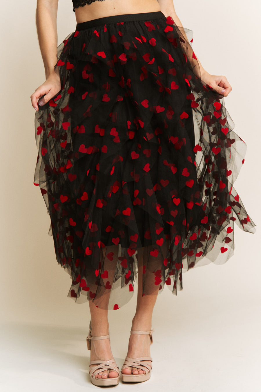 Queen of Hearts | Heart Velvet Flocking Mesh Layered Midi Skirt | Black