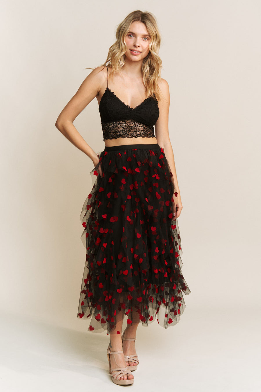 Queen of Hearts | Heart Velvet Flocking Mesh Layered Midi Skirt | Black