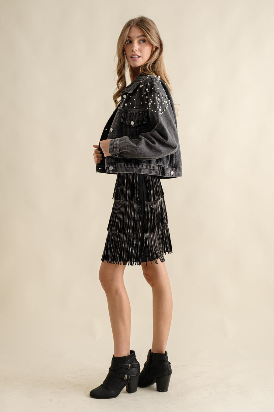 Shake It Off | Rhinestone Suede Fringe Mini Skirt | Black