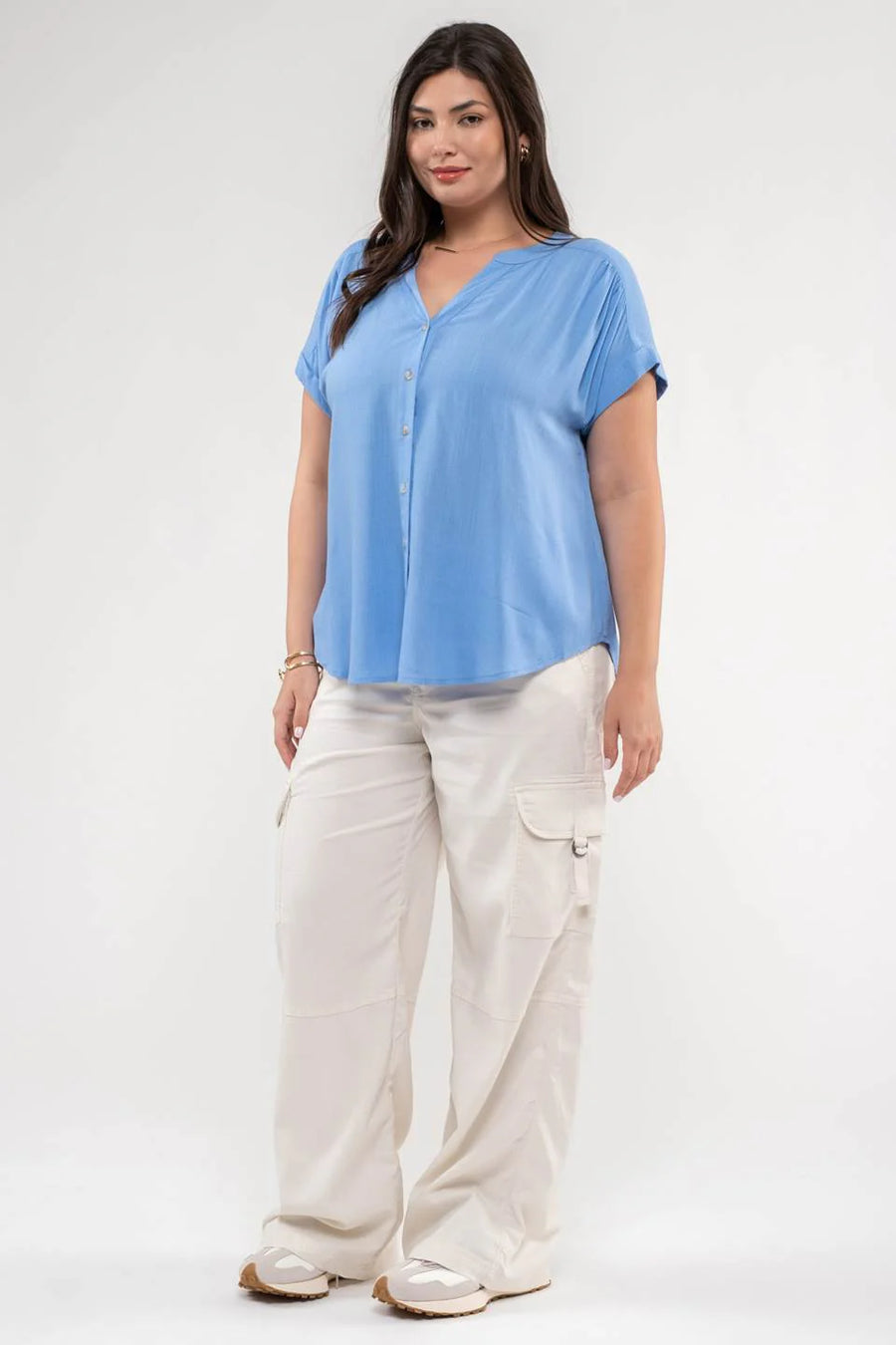 Amy Rolled Sleeve Woven Top | Blue