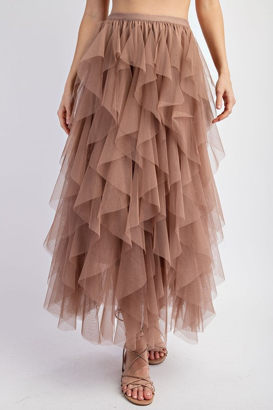 Frolic in the Autumn Mist | Cascading Tulle Mesh Layered Maxi Skirt | Mocha