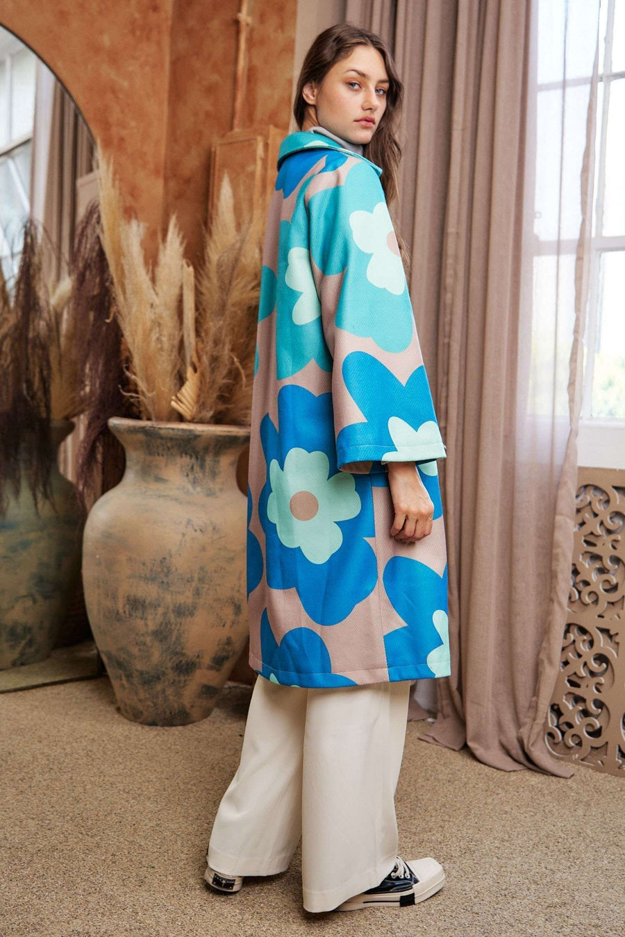 Vintage Drift | Bold Retro Floral Open Front Wide Sleeve Overcoat