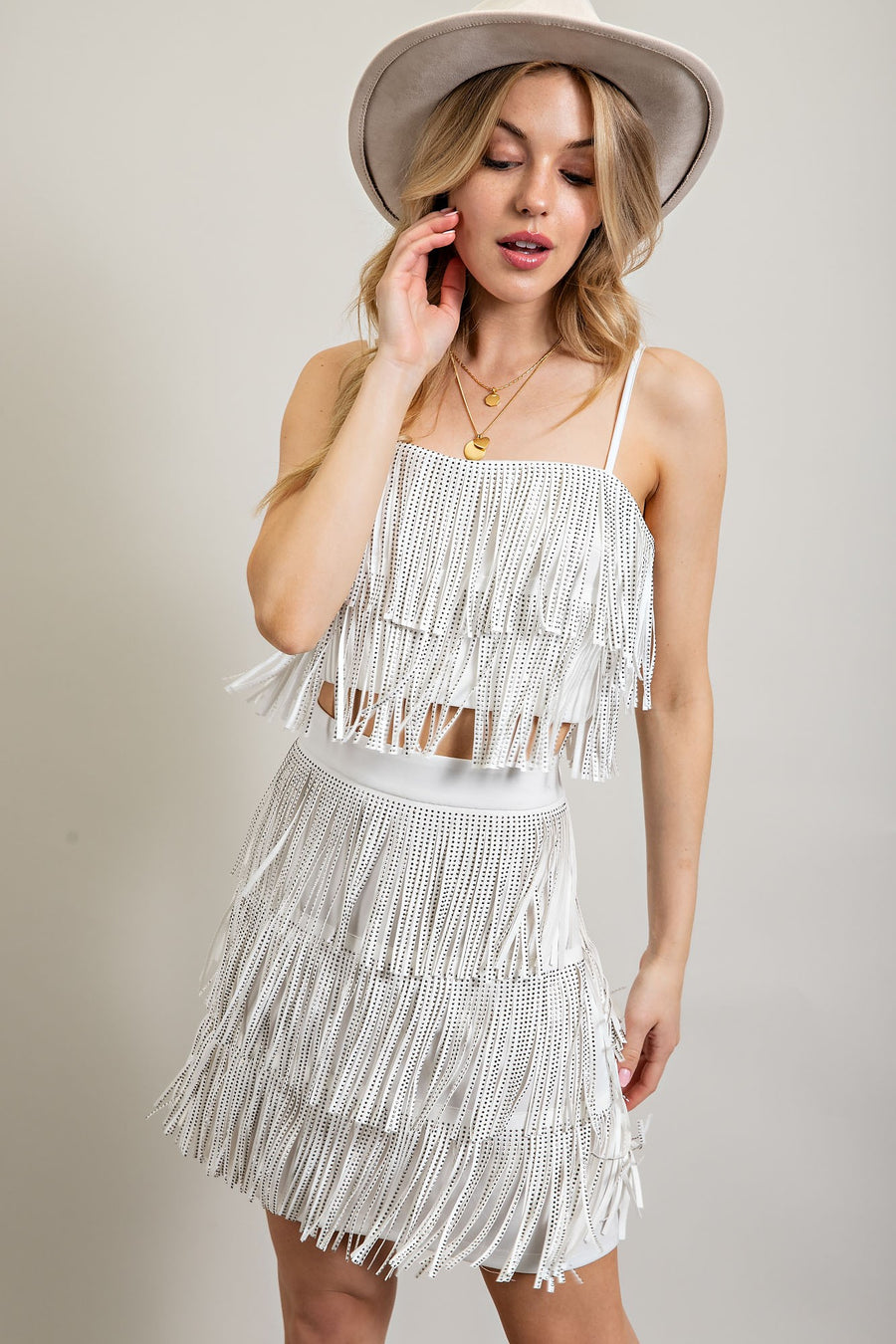 Taylor | Rhinestone Suede Fringe Tank Top | White