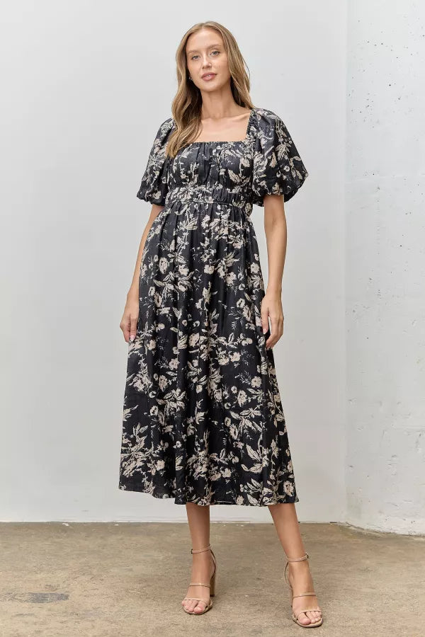 Petal Play | Floral Textured Print Midi Dress | Black