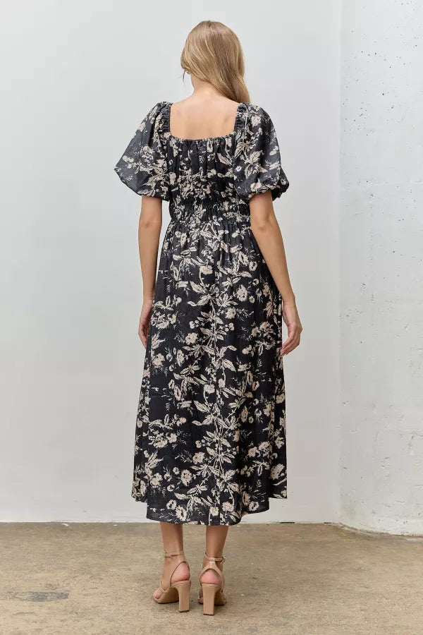 Petal Play | Floral Textured Print Midi Dress | Black