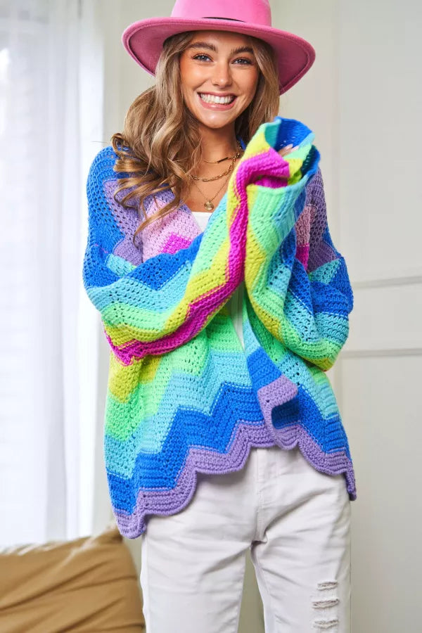 Far Out | Rainbow Wavy Knit Sweater Cardigan