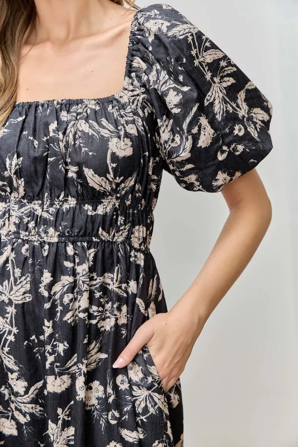 Petal Play | Floral Textured Print Midi Dress | Black