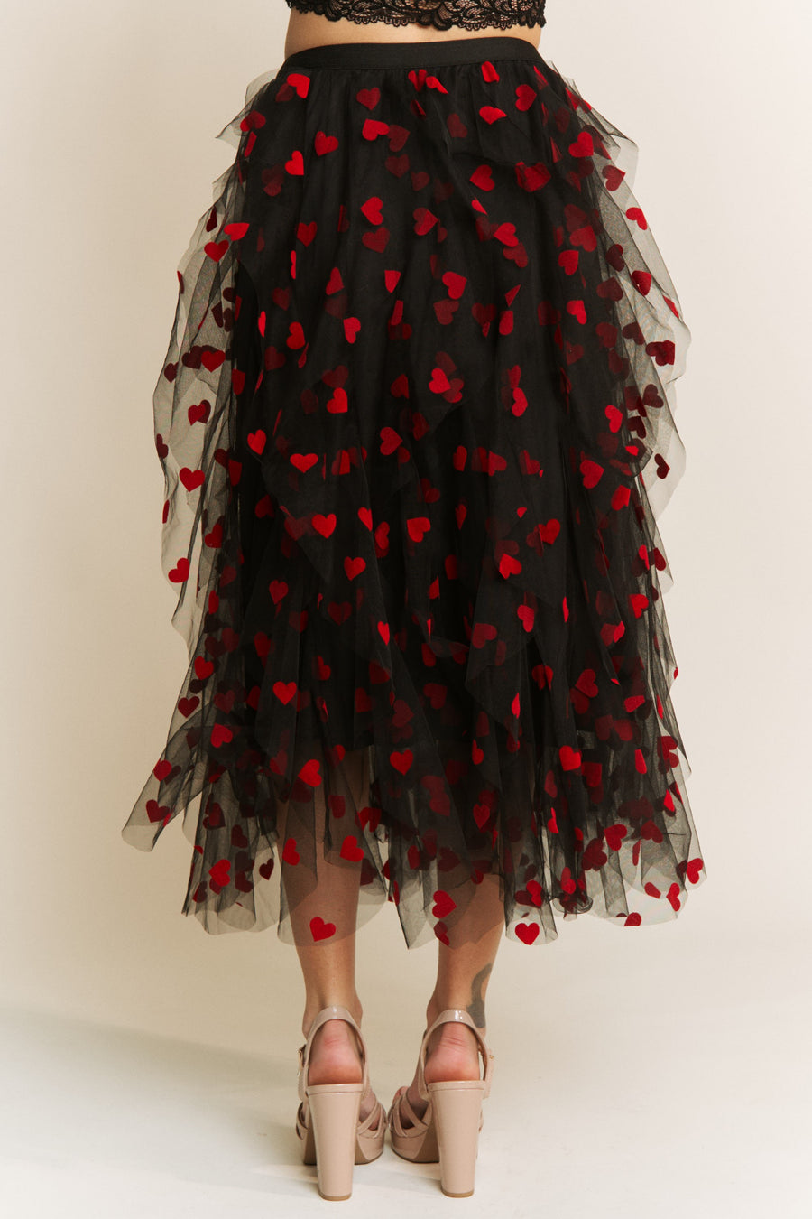 Queen of Hearts | Heart Velvet Flocking Mesh Layered Midi Skirt | Black